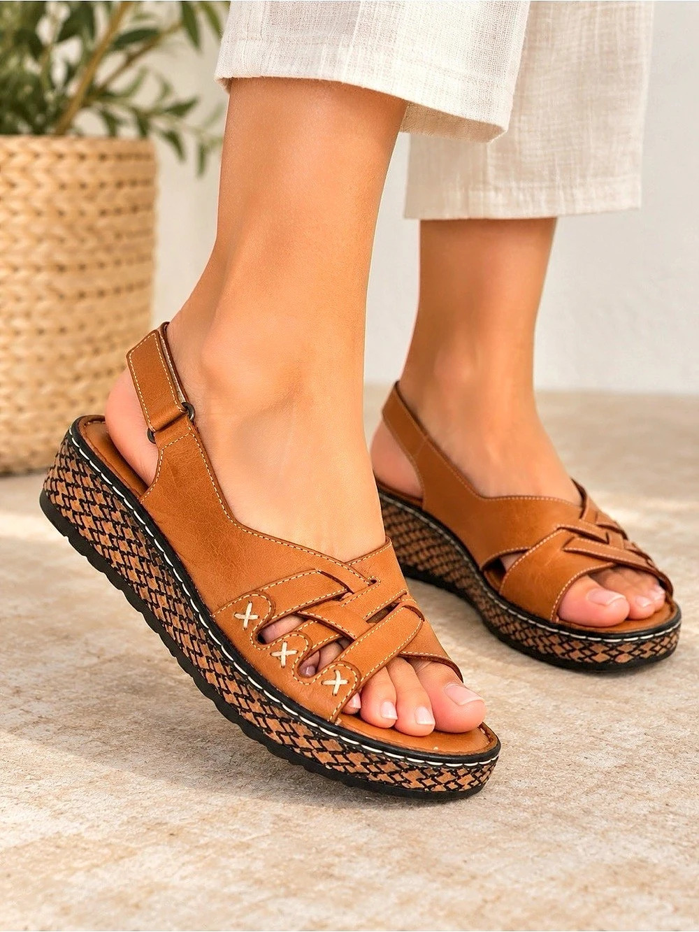 Spring Step 9 (40) Hartley Leather Wedge Sandals Women’s Comfort Shoes Brown